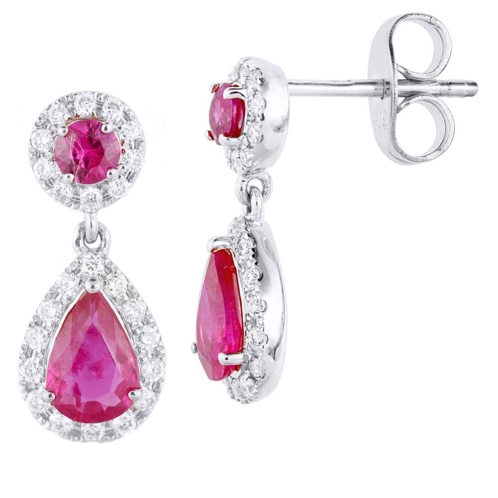 9ct White Gold Ruby and Diamond Teardrop Halo Earrings