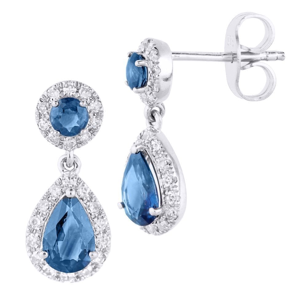 Round-Pear Natural Blue Sapphire and Diamond Drop Earrings in 9ct White Gold