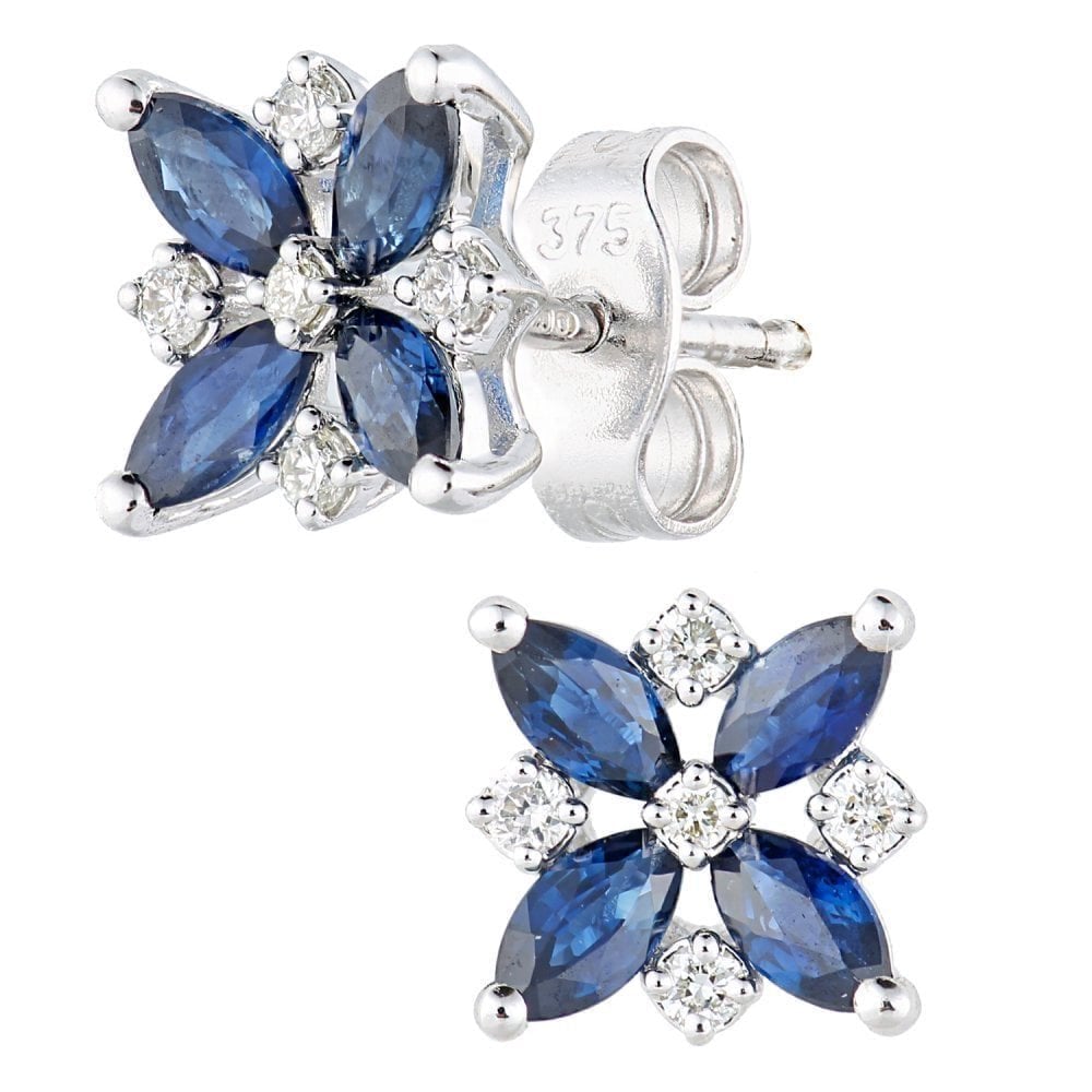1.03 Ct Marquise Natural Blue Sapphire and Diamond Flower Stud Earrings in 9ct White Gold