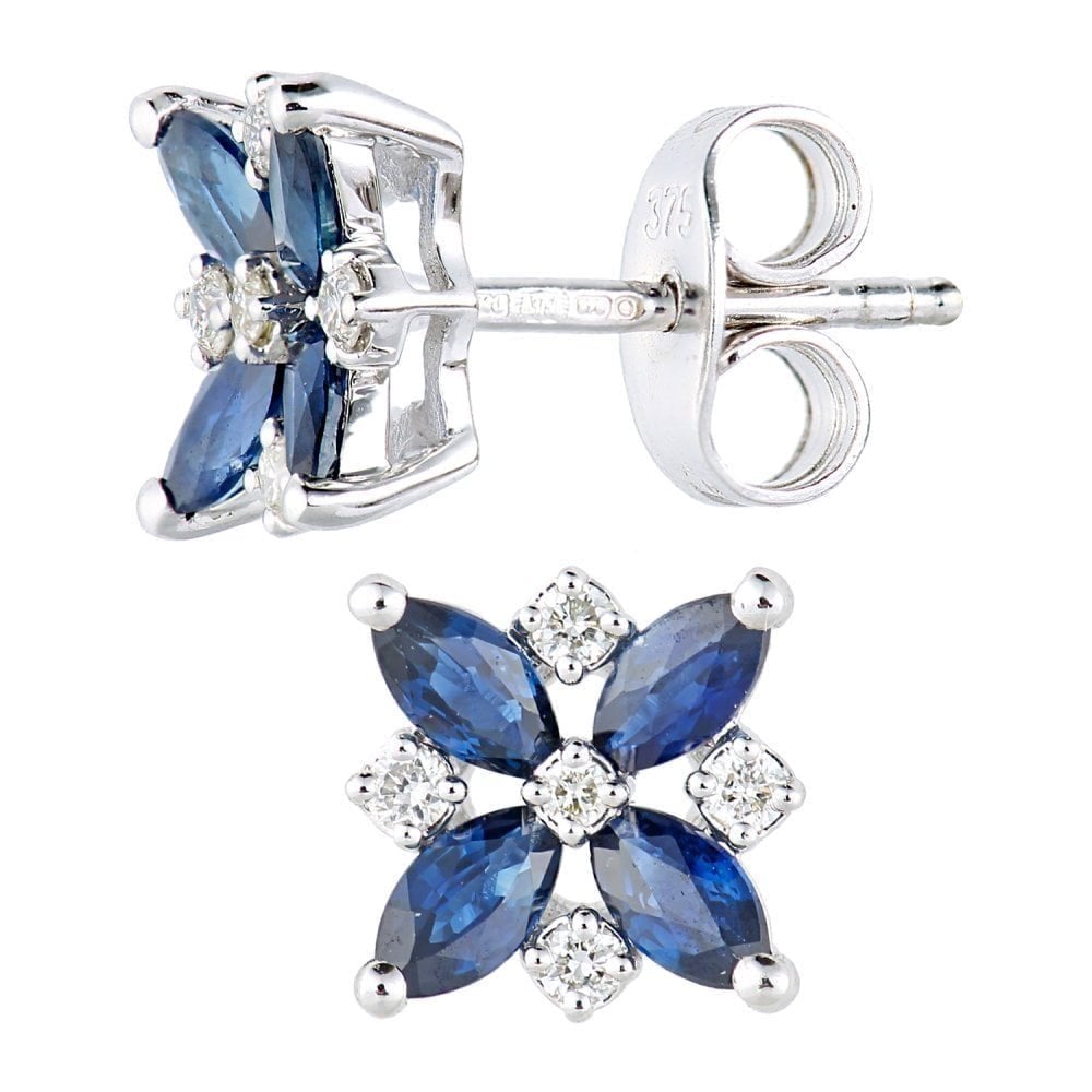1.03 Ct Marquise Natural Blue Sapphire and Diamond Flower Stud Earrings in 9ct White Gold