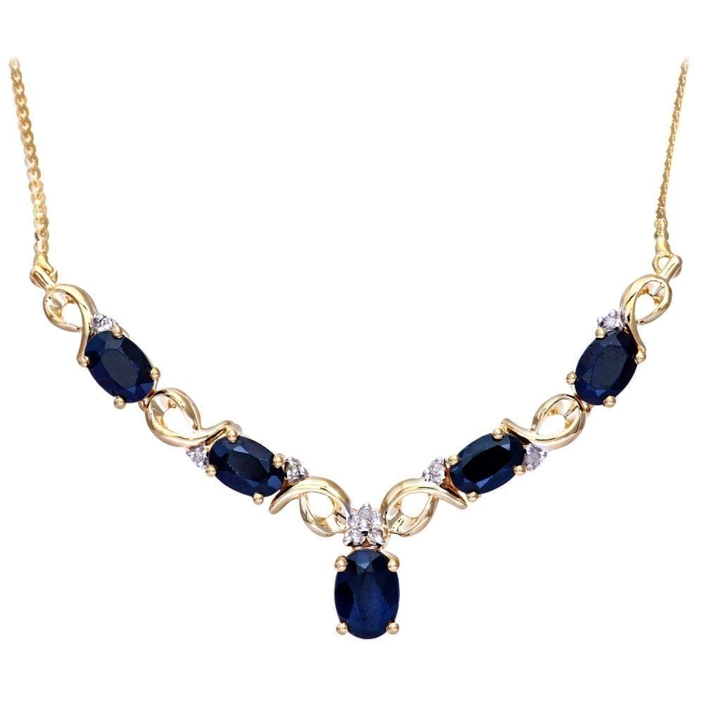 Oval Natural Blue Sapphire and Diamond Necklace in 9ct Yellow Gold