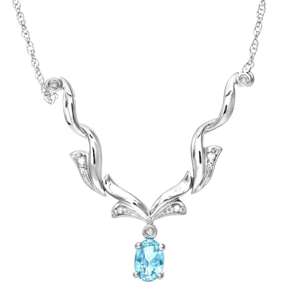 9ct White Gold Sky Blue Topaz and Diamond Flames Necklace Size 18 Inch