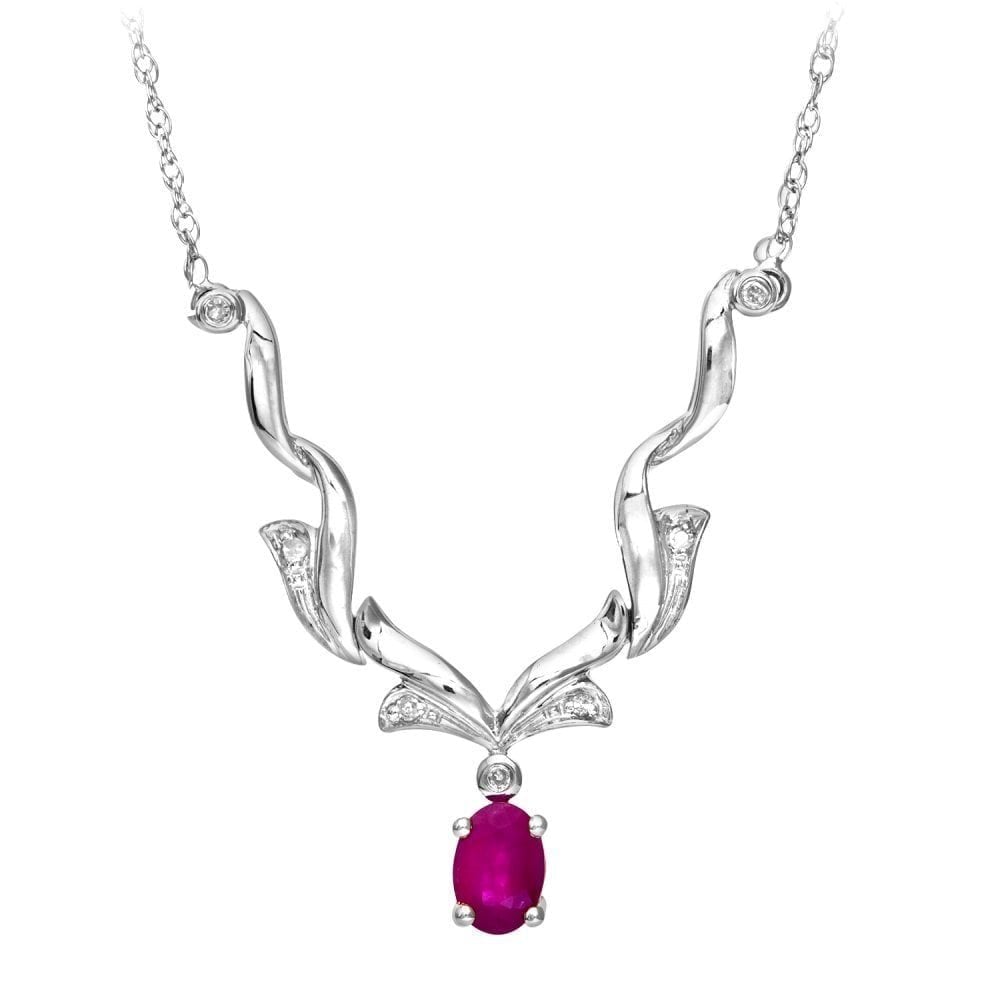 9ct White Gold Oval Ruby and 0.05ct Diamond Necklace