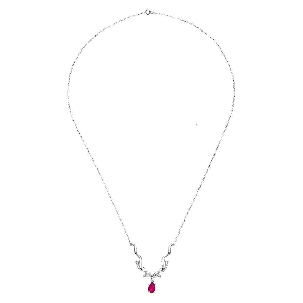 9ct White Gold Oval Ruby and 0.05ct Diamond Necklace