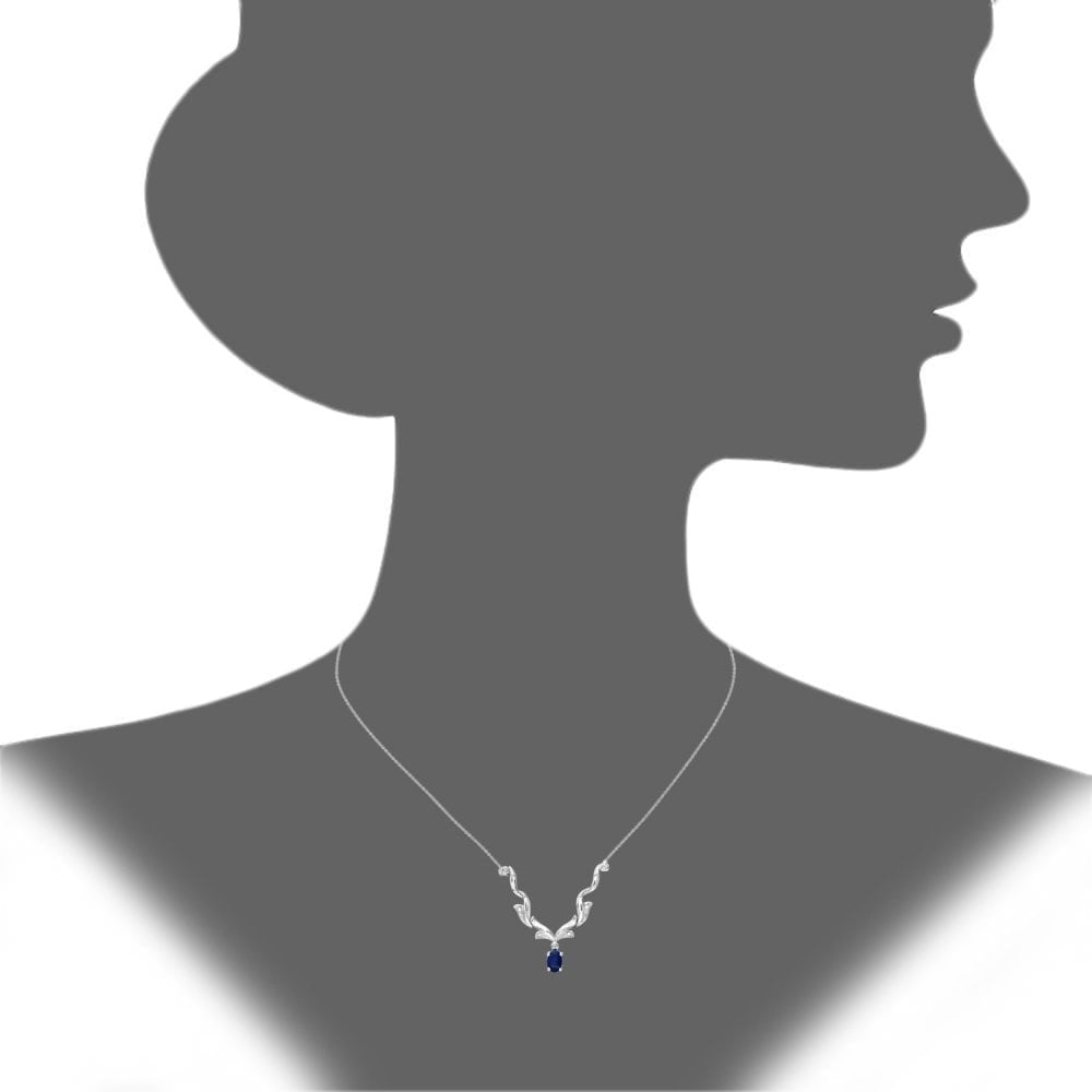 0.75 Ct Oval Natural Blue Sapphire and Diamond Waves Necklace in 9ct White Gold Size 16.5 Inches
