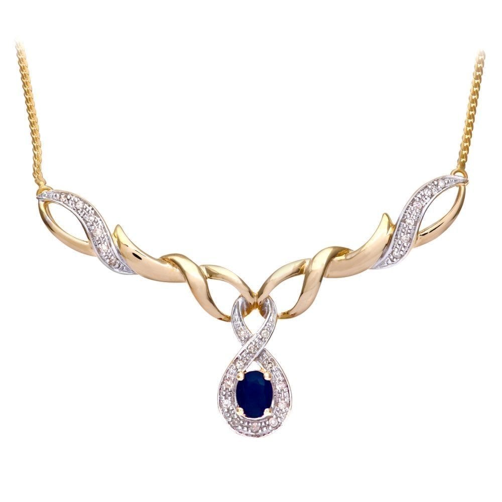 0.5 Ct Oval Natural Blue Sapphire and Diamond Infinity Ribbon Necklace in 9ct Yellow Gold Size 16.5 Inches