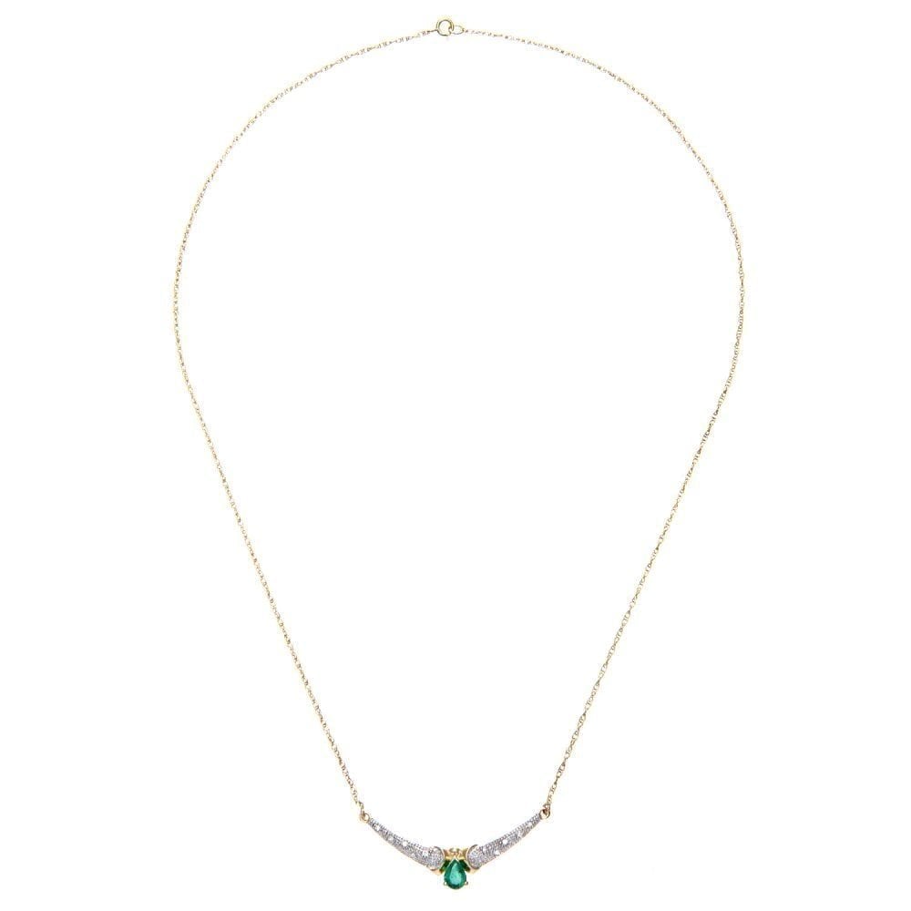 9ct Yellow Gold 0.25ct Oval Emerald & Diamond Teardrop Necklace