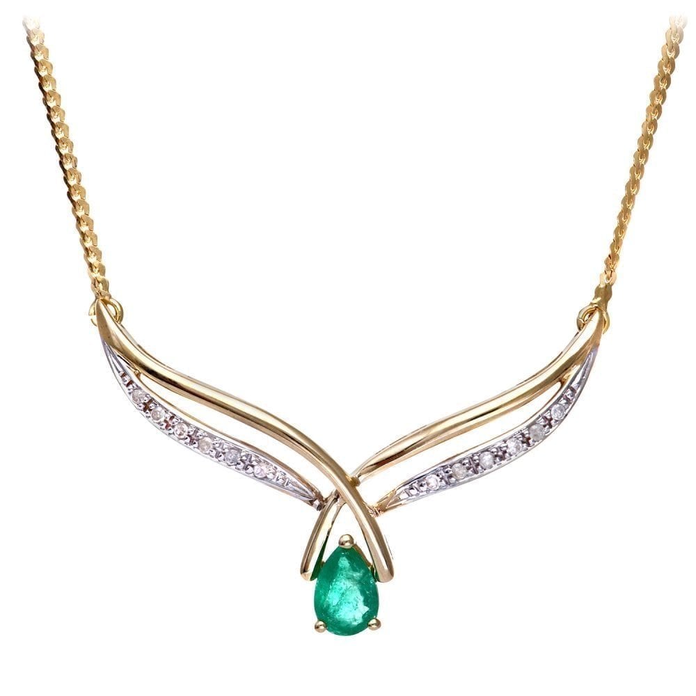 9ct Yellow Gold Oval Emerald and Diamond Teardrop Necklace