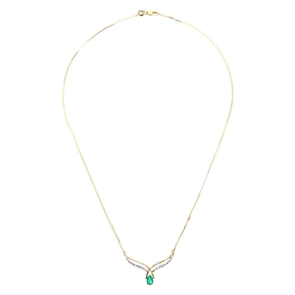 9ct Yellow Gold Oval Emerald and Diamond Teardrop Necklace