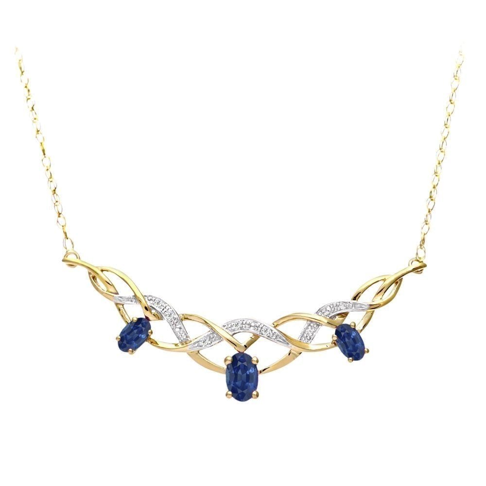 9ct Yellow Gold 1.20ct Oval Natural Blue Sapphire & Diamond Trilogy Necklace