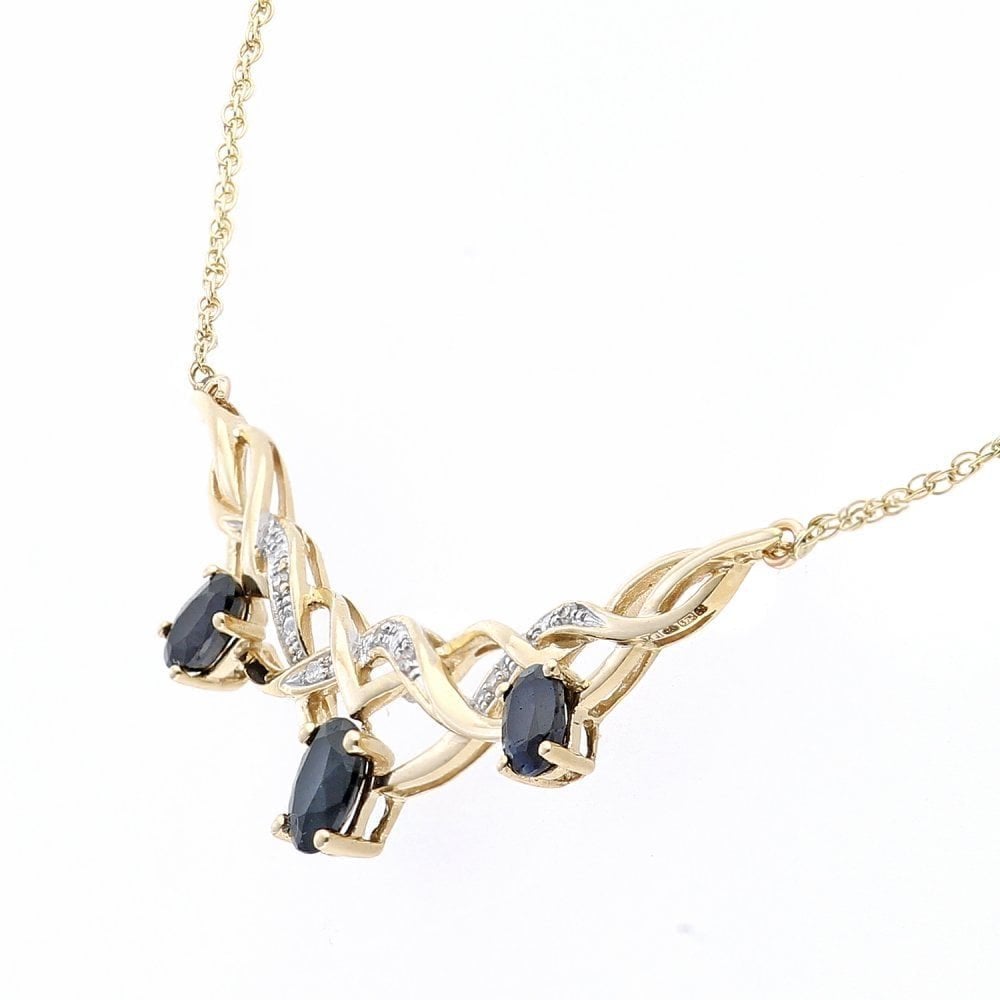 9ct Yellow Gold 1.20ct Oval Natural Blue Sapphire & Diamond Trilogy Necklace