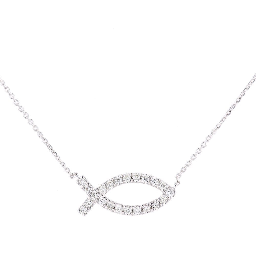 9ct White Gold 0.15 Carat Natural Diamond Fish Necklace