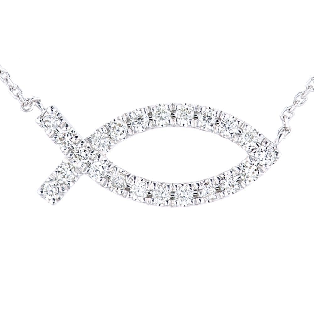 9ct White Gold 0.15 Carat Natural Diamond Fish Necklace