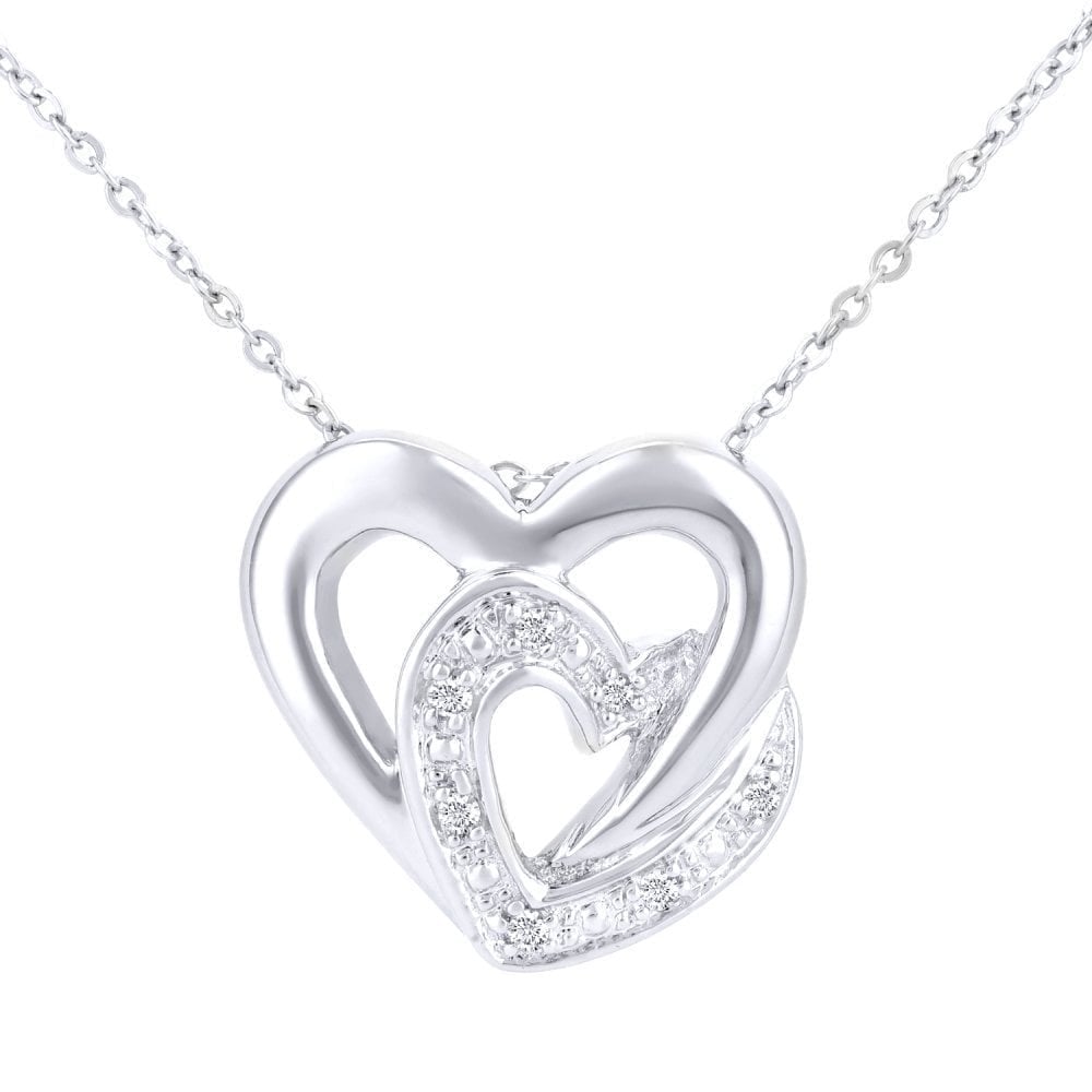 9ct White Gold 0.03 Carat Natural Diamond Two Hearts Necklace