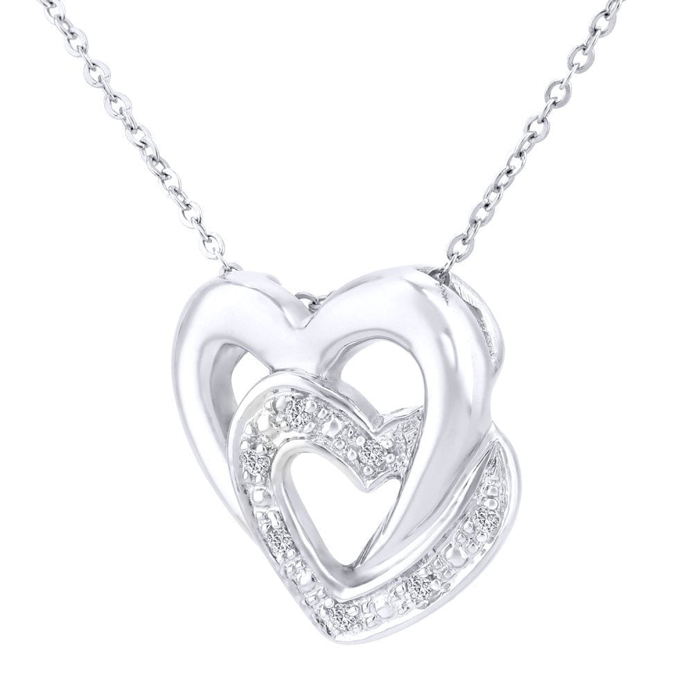 9ct White Gold 0.03 Carat Natural Diamond Two Hearts Necklace