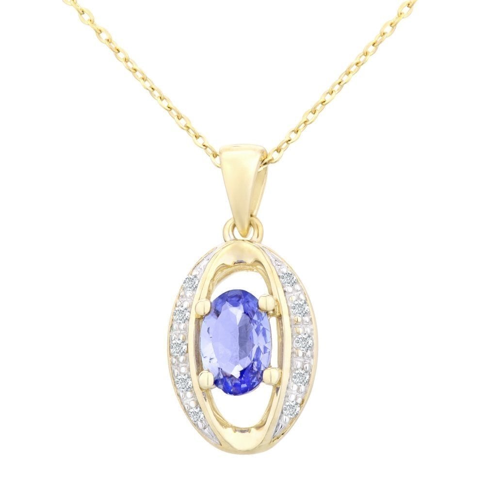 9ct Yellow Gold Oval Tanzanite and 0.05ct Diamond Pendant Necklace