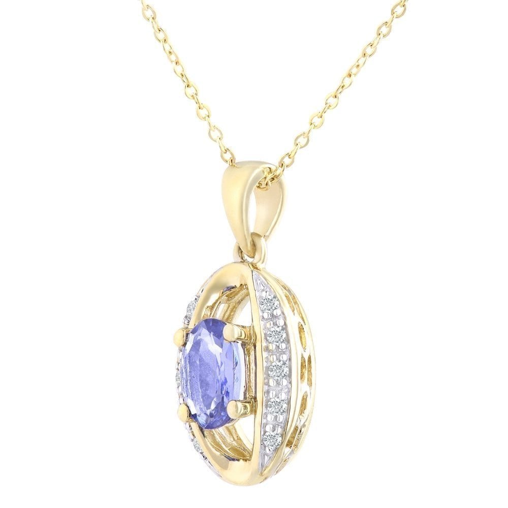 9ct Yellow Gold Oval Tanzanite and 0.05ct Diamond Pendant Necklace