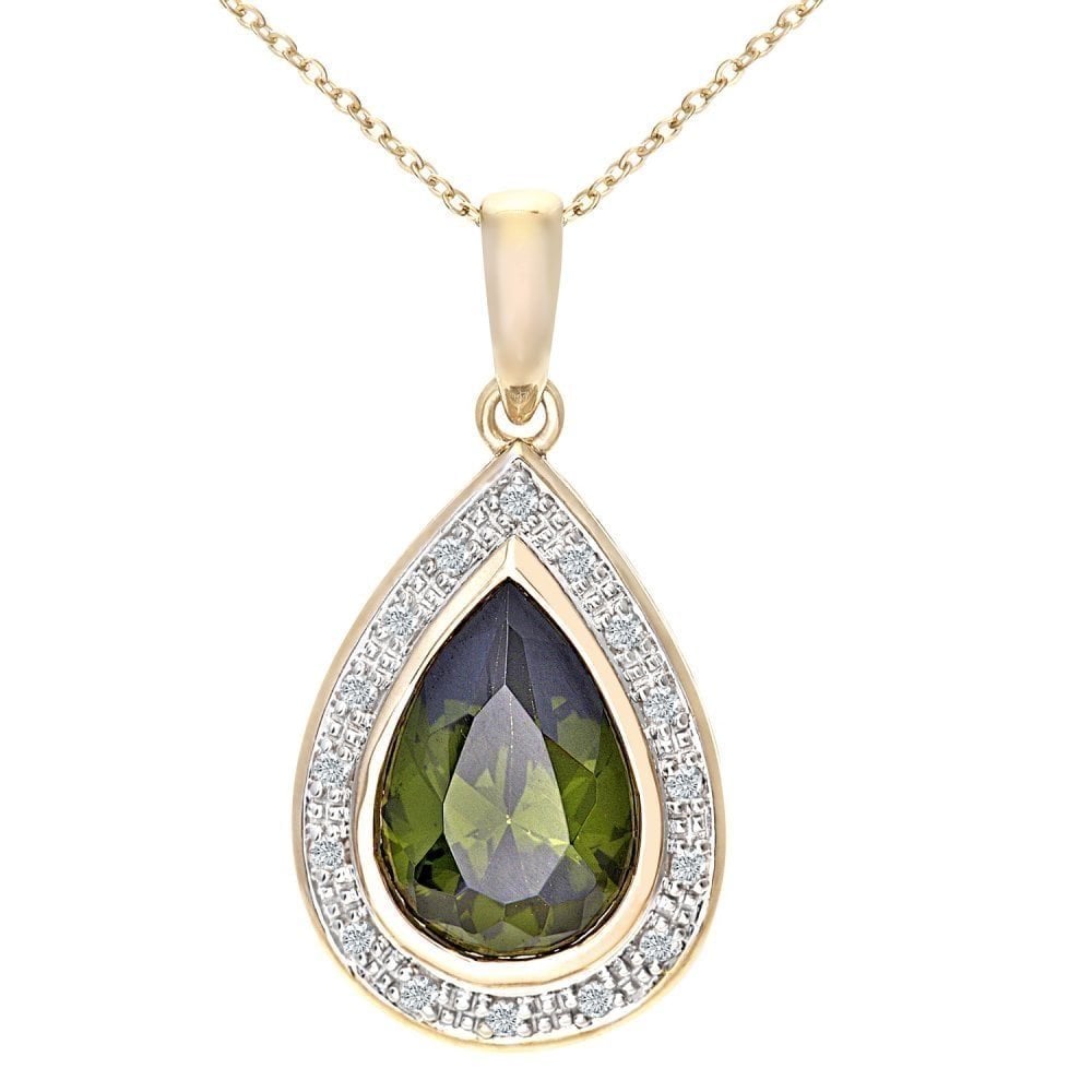 9ct Yellow Gold Peridot & 0.10ct Diamond Teardrop Halo Pendant