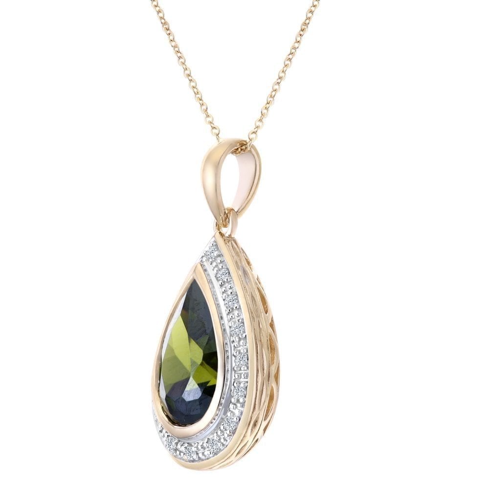 9ct Yellow Gold Peridot & 0.10ct Diamond Teardrop Halo Pendant
