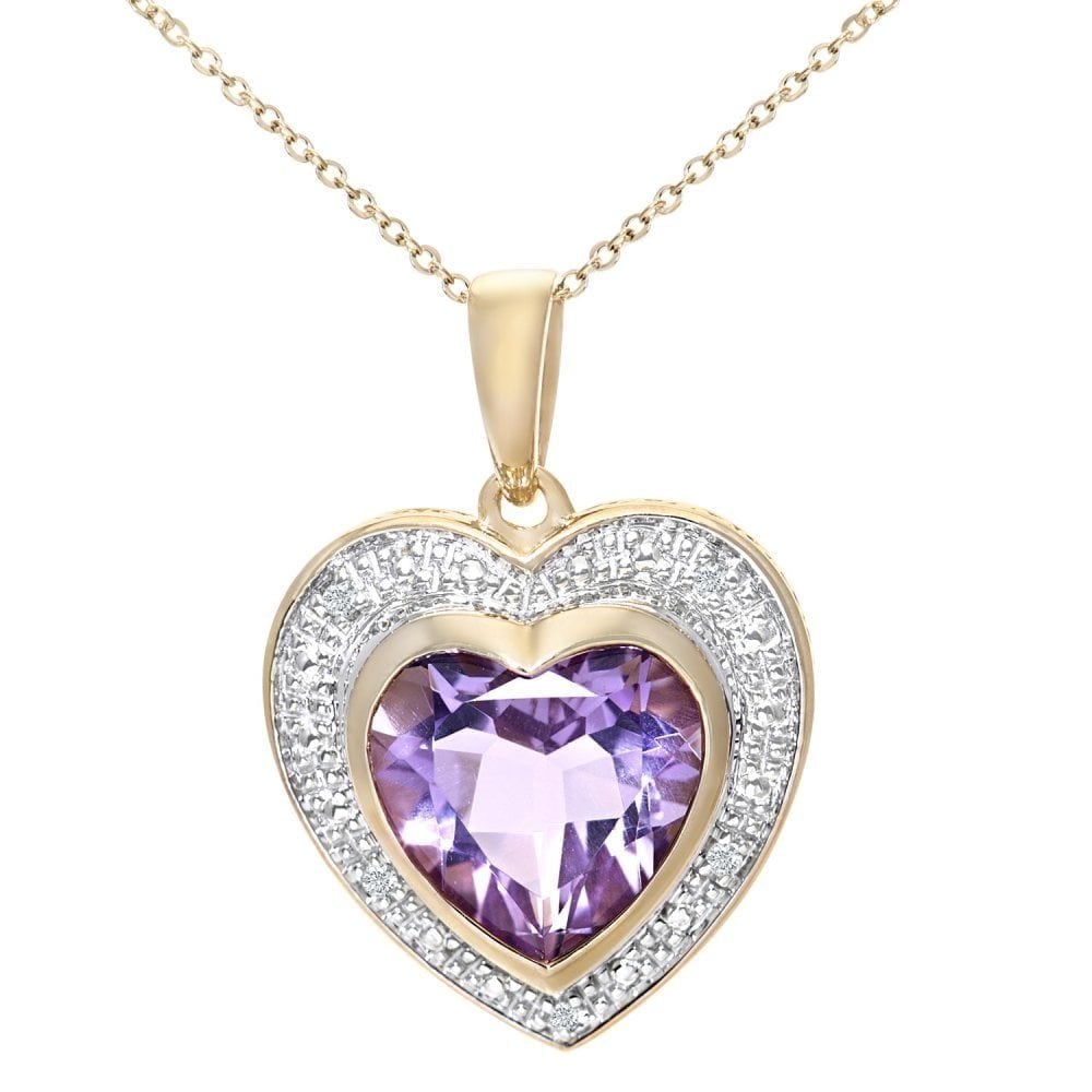 9ct Yellow Gold Amethyst and 0.02ct Diamond Heart Pendant Necklace