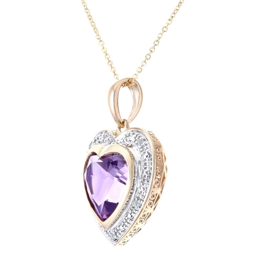 9ct Yellow Gold Amethyst and 0.02ct Diamond Heart Pendant Necklace