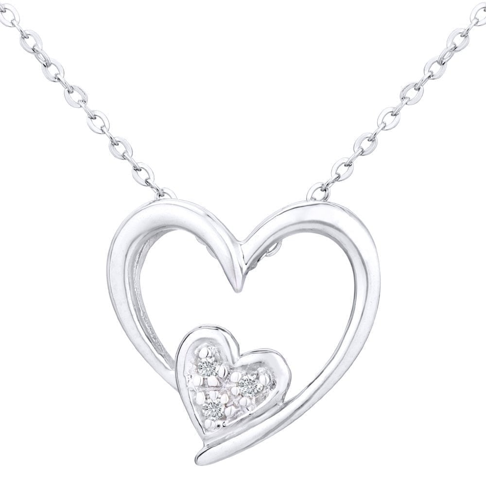 9ct White Gold Natural Diamond Two Hearts Necklace | Prime Jewellery