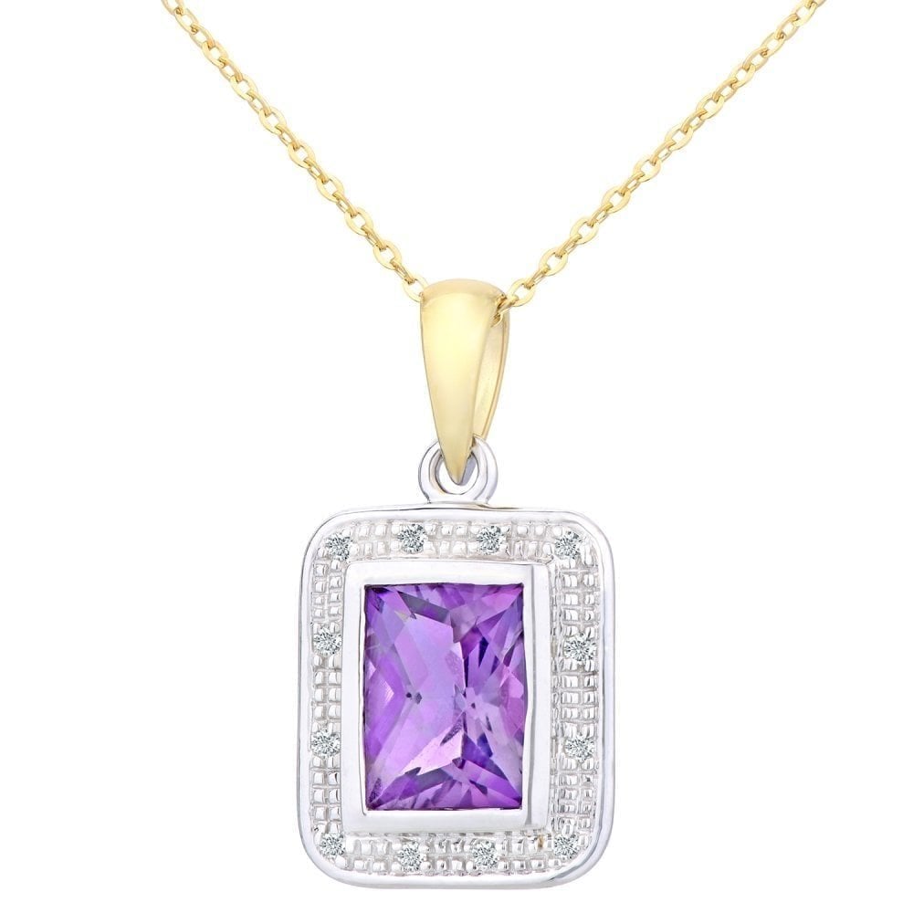 9ct Yellow Gold Amethyst and Diamond Halo Pendant Necklace