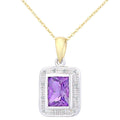 9ct Yellow Gold Amethyst and Diamond Halo Pendant Necklace