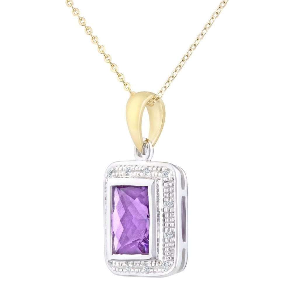 9ct Yellow Gold Amethyst and Diamond Halo Pendant Necklace