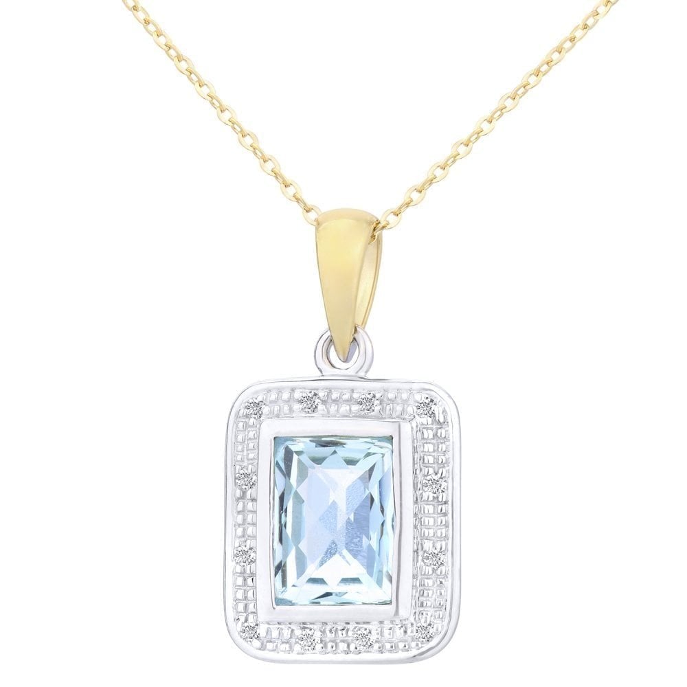9ct Yellow Gold Sky Blue Topaz and Diamond Halo Pendant Necklace