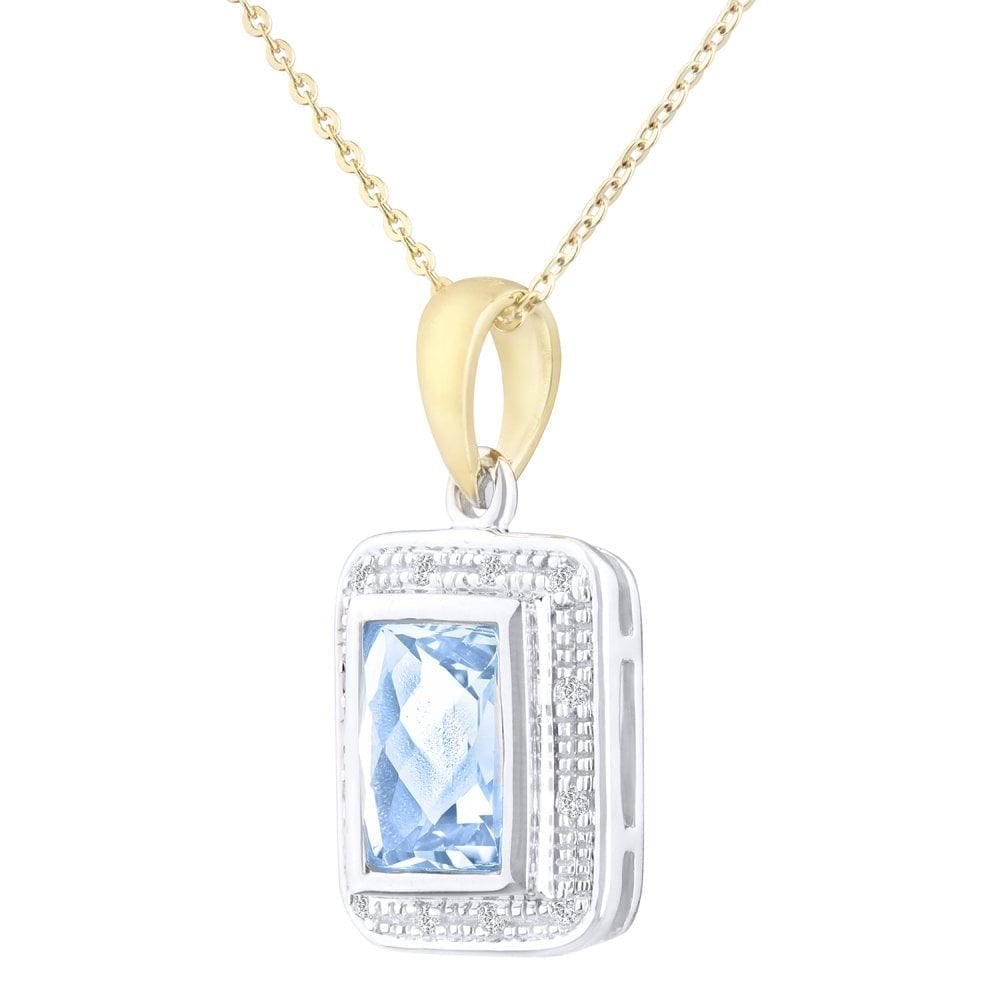 9ct Yellow Gold Sky Blue Topaz and Diamond Halo Pendant Necklace