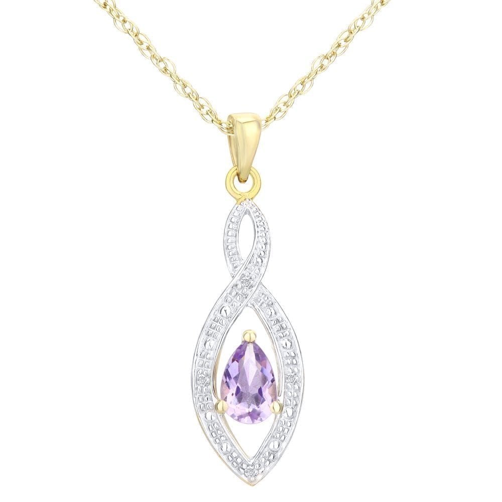 9ct Yellow Gold Amethyst and 0.02ct Diamond Teardrop Pendant Necklace