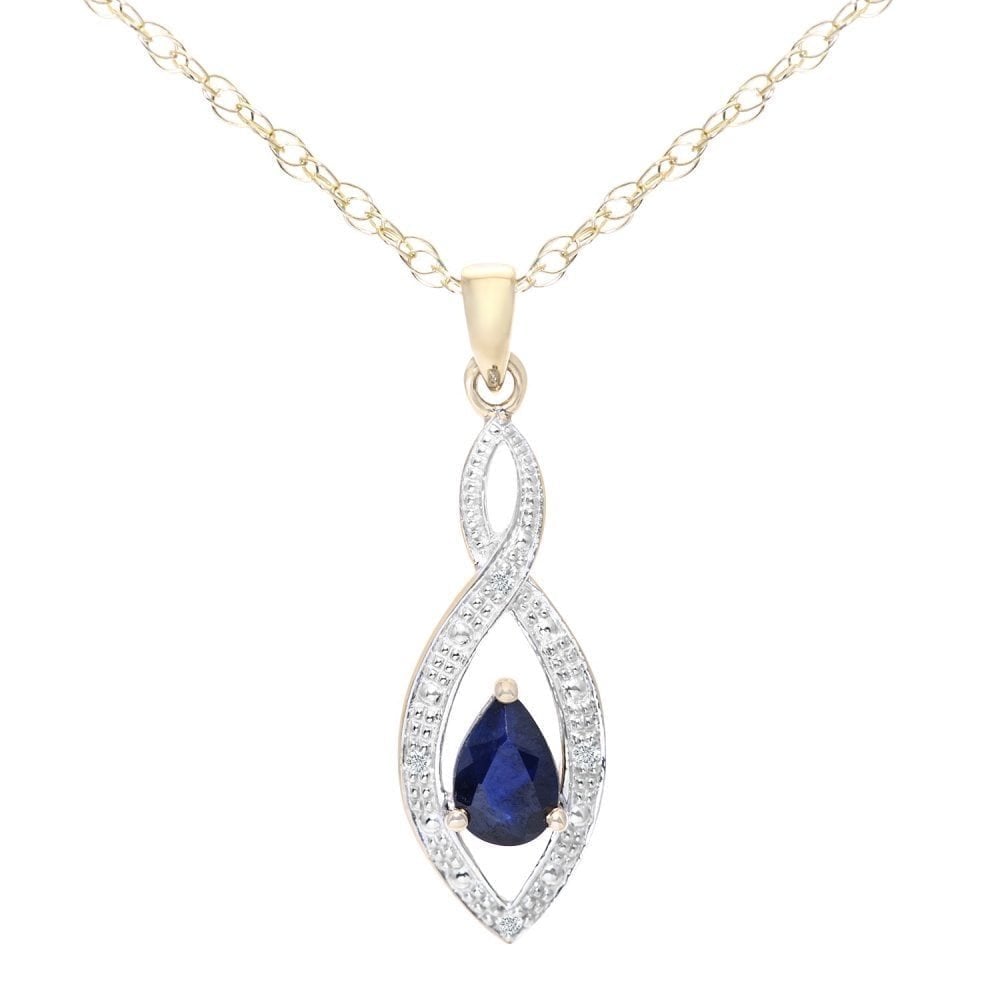 0.615 Ct Pear Natural Blue Sapphire and Diamond Teardrop Necklace with Chain in 9ct Yellow Gold Size 18 Inches