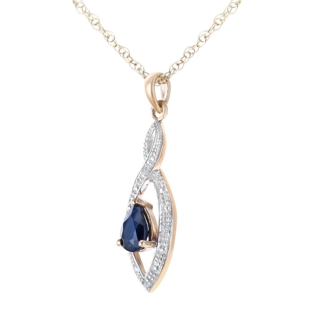 0.615 Ct Pear Natural Blue Sapphire and Diamond Teardrop Necklace with Chain in 9ct Yellow Gold Size 18 Inches