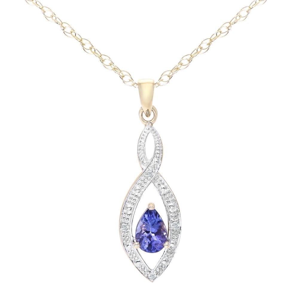 9ct Yellow Gold Tanzanite and 0.02ct Diamond Teardrop Pendant Necklace