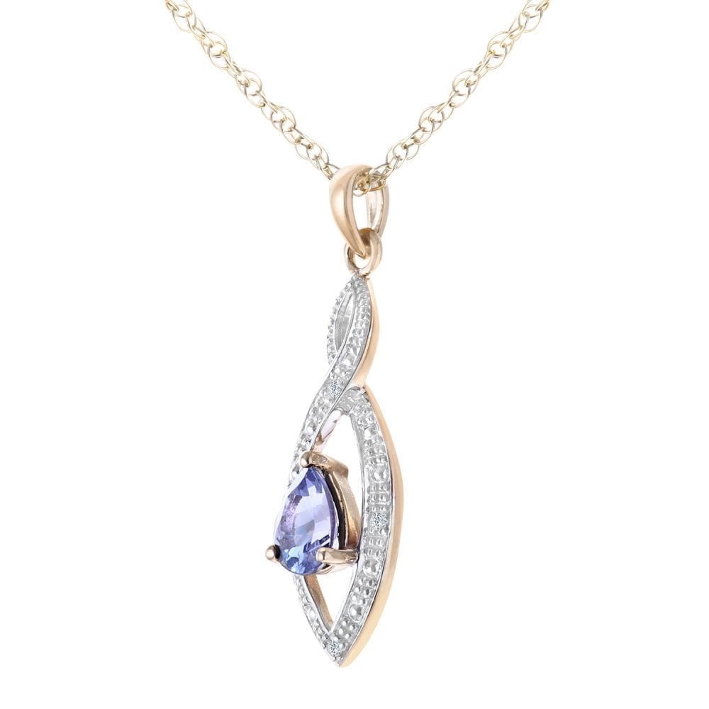 9ct Yellow Gold Tanzanite and 0.02ct Diamond Teardrop Pendant Necklace