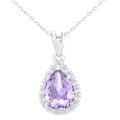 9ct White Gold Amethyst Teardrop 0.07ct Diamond Halo Pendant Necklace