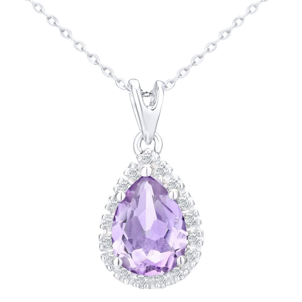 9ct White Gold Amethyst Teardrop 0.07ct Diamond Halo Pendant Necklace