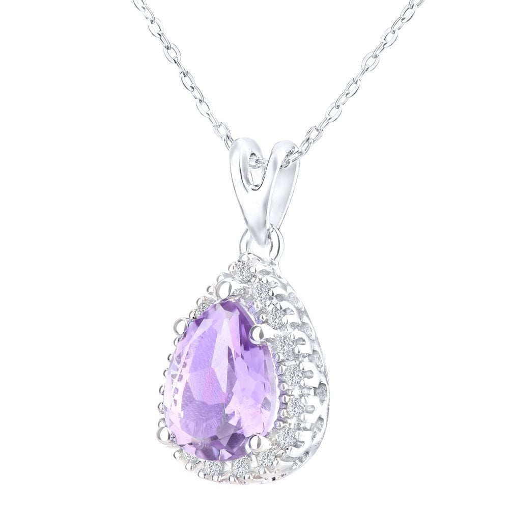 9ct White Gold Amethyst Teardrop 0.07ct Diamond Halo Pendant Necklace