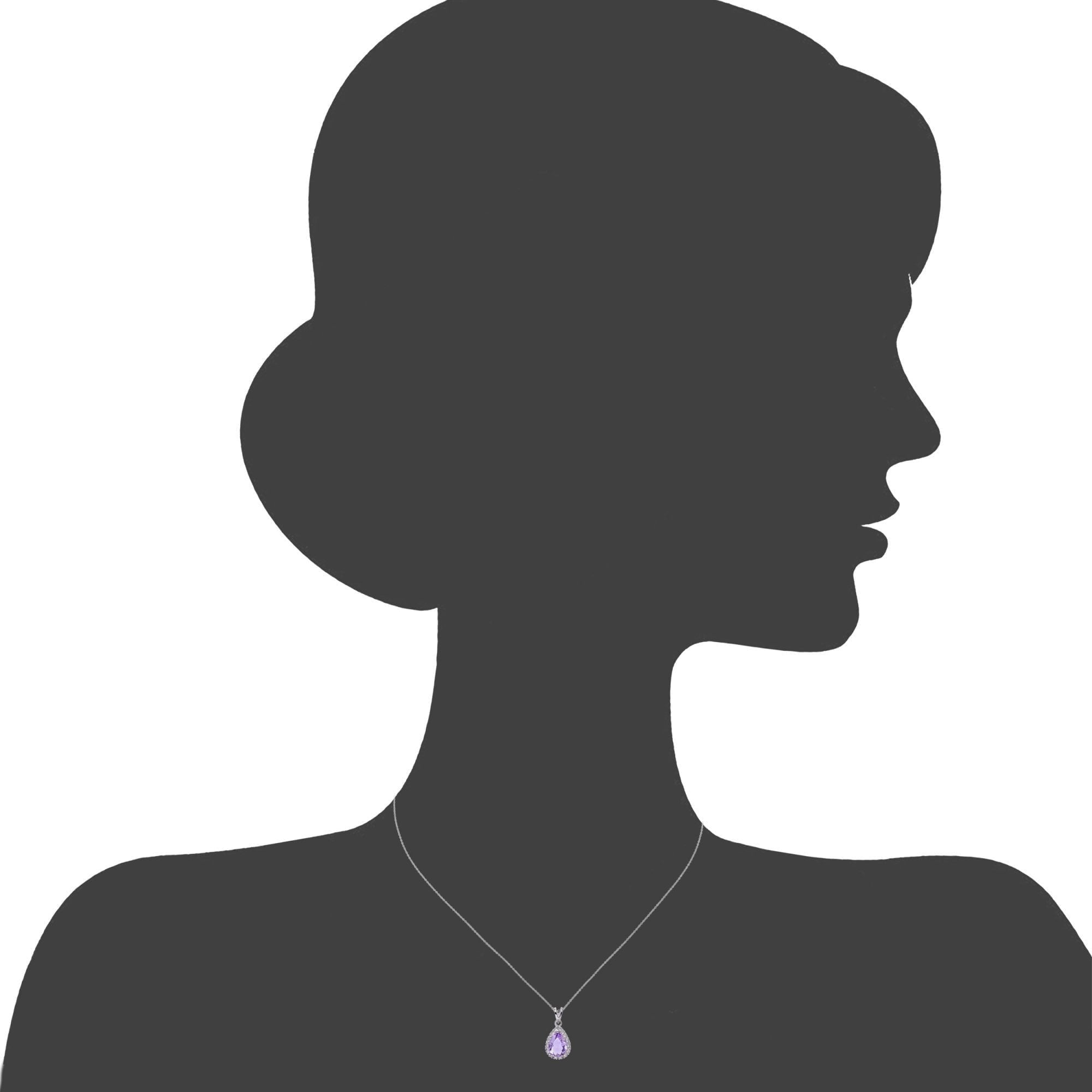 9ct White Gold Amethyst Teardrop 0.07ct Diamond Halo Pendant Necklace