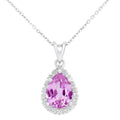 9ct White Gold Created Pink Sapphire Teardrop 0.07ct Diamond Halo Pendant Necklace