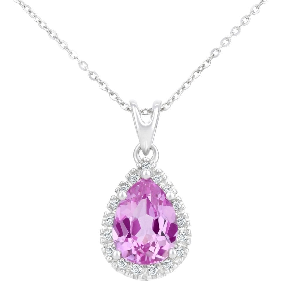 9ct White Gold Created Pink Sapphire Teardrop 0.07ct Diamond Halo Pendant Necklace