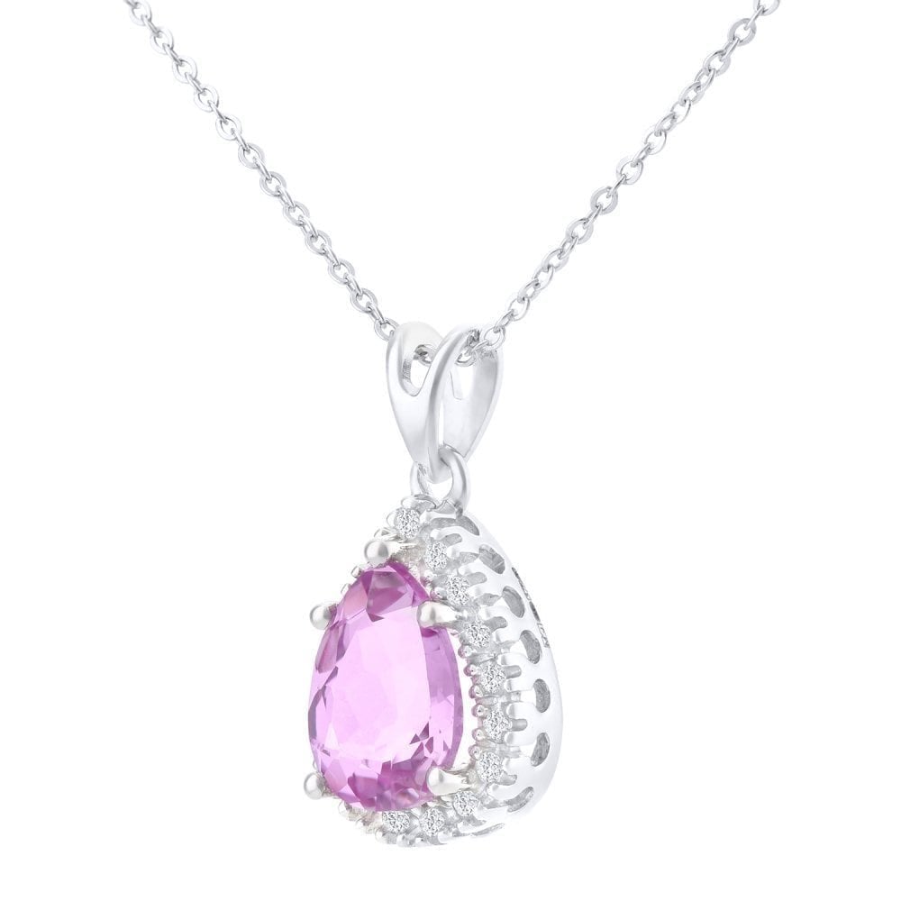 9ct White Gold Created Pink Sapphire Teardrop 0.07ct Diamond Halo Pendant Necklace