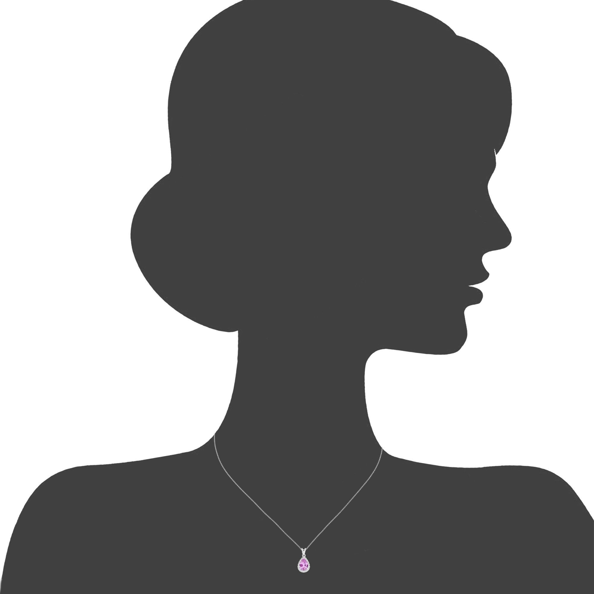 9ct White Gold Created Pink Sapphire Teardrop 0.07ct Diamond Halo Pendant Necklace