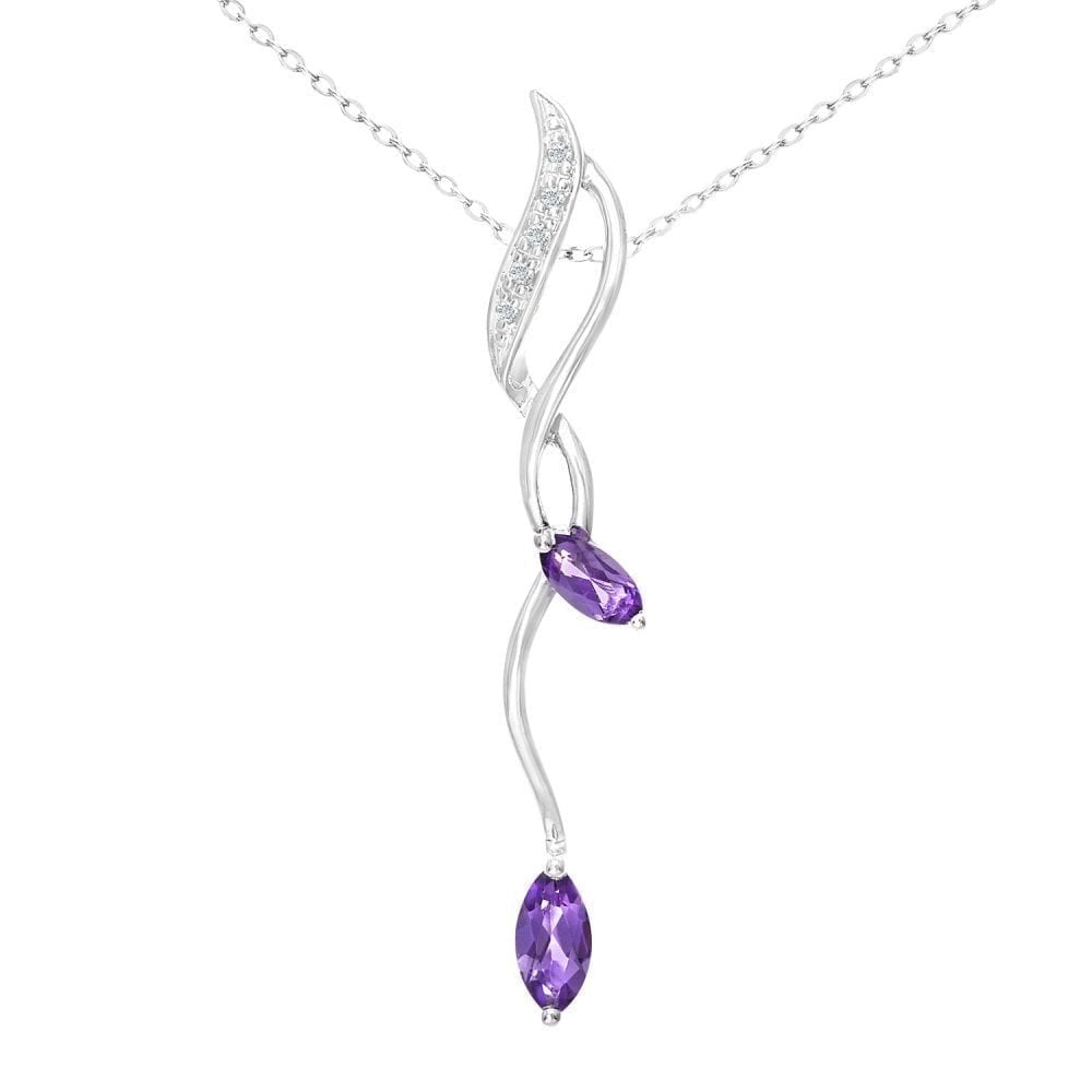 9ct White Gold Marquise Amethyst and 0.02ct Diamond Pendant Necklace