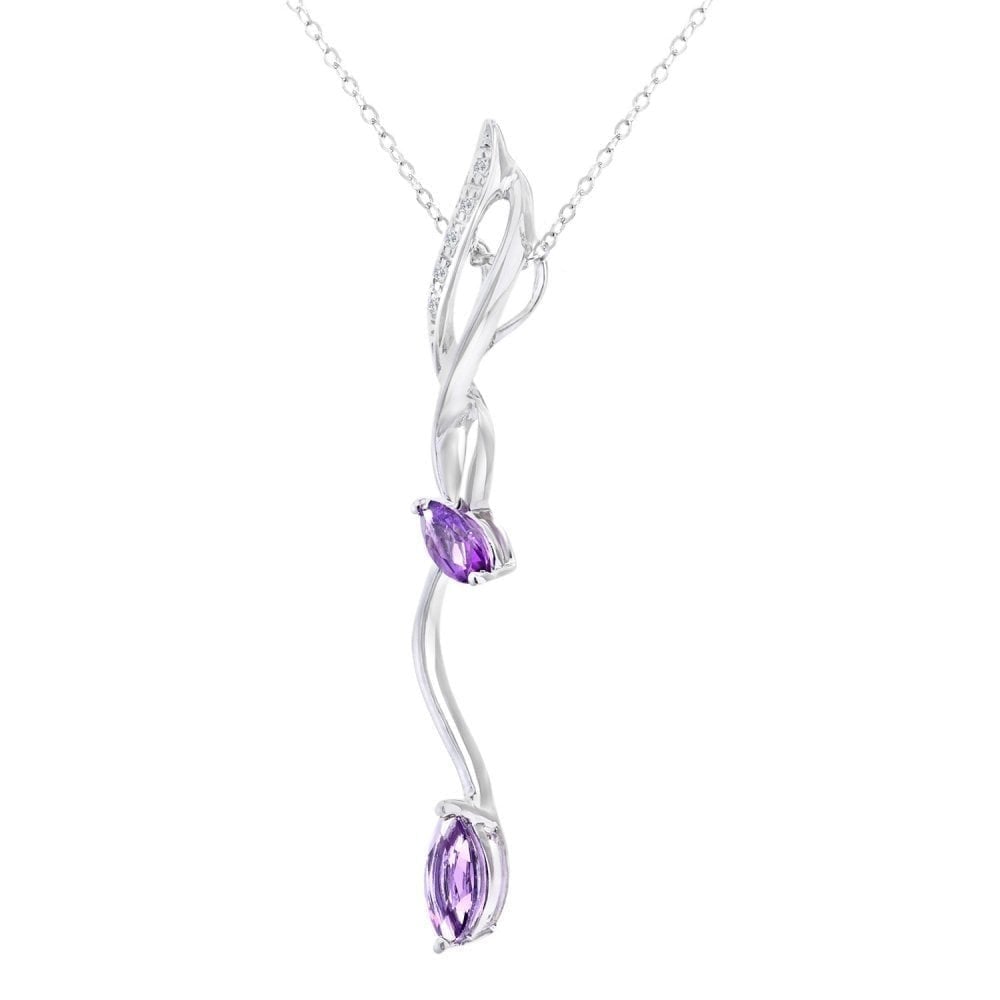 9ct White Gold Marquise Amethyst and 0.02ct Diamond Pendant Necklace