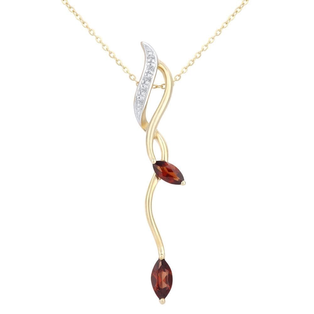9ct Yellow Gold Marquise Garnet and 0.02ct Diamond Pendant Necklace