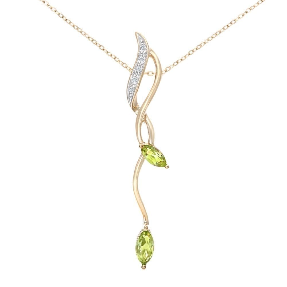 9ct Yellow Gold Marquise Peridot and 0.02ct Diamond Pendant Necklace