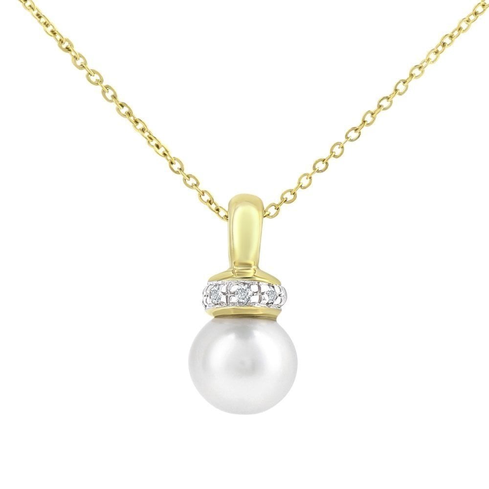9ct Yellow Gold Cultured Pearl and 0.03ct Diamond Pendant Necklace