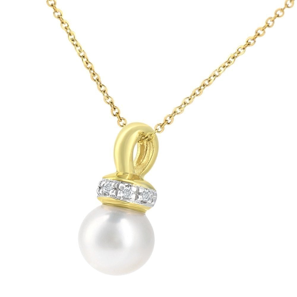 9ct Yellow Gold Cultured Pearl and 0.03ct Diamond Pendant Necklace